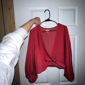 Silence + noise red deep v puff sleeve cropped top